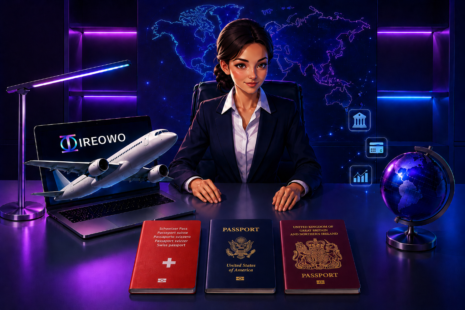 Travel agent reviewing approved Swiss, US and UK passports for high risk tour operator payment processing