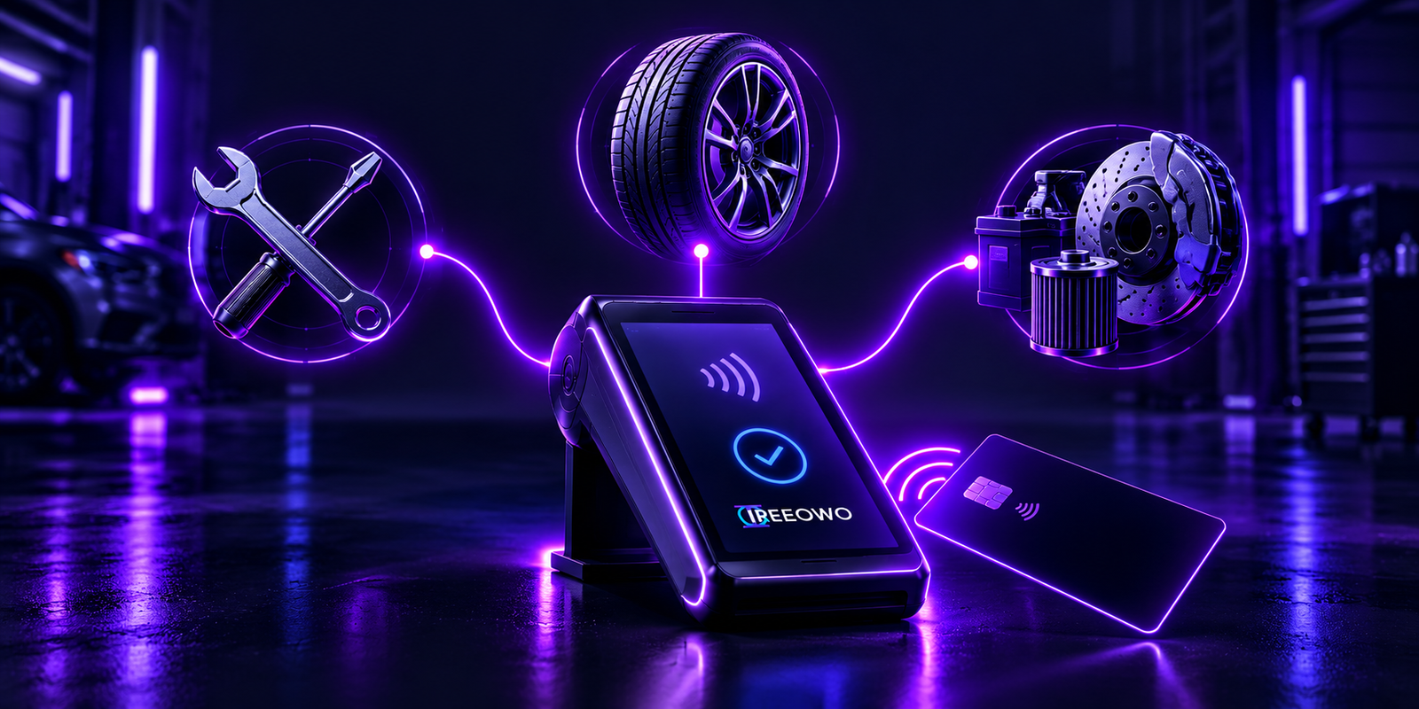 Card machine for auto repair shop connected to tools, tyres and brake parts