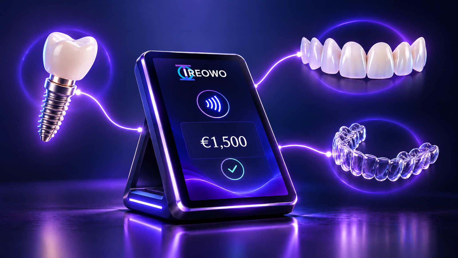 IREOWO payment terminal displaying a €1,500 transaction linked to a dental implant, veneers and clear aligners