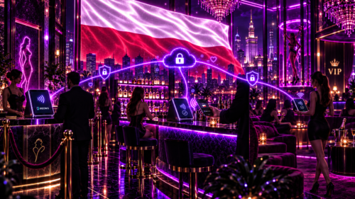 Fixed POS terminal at the reception desk of an adult entertainment venue in Poland processing a contactless card payment