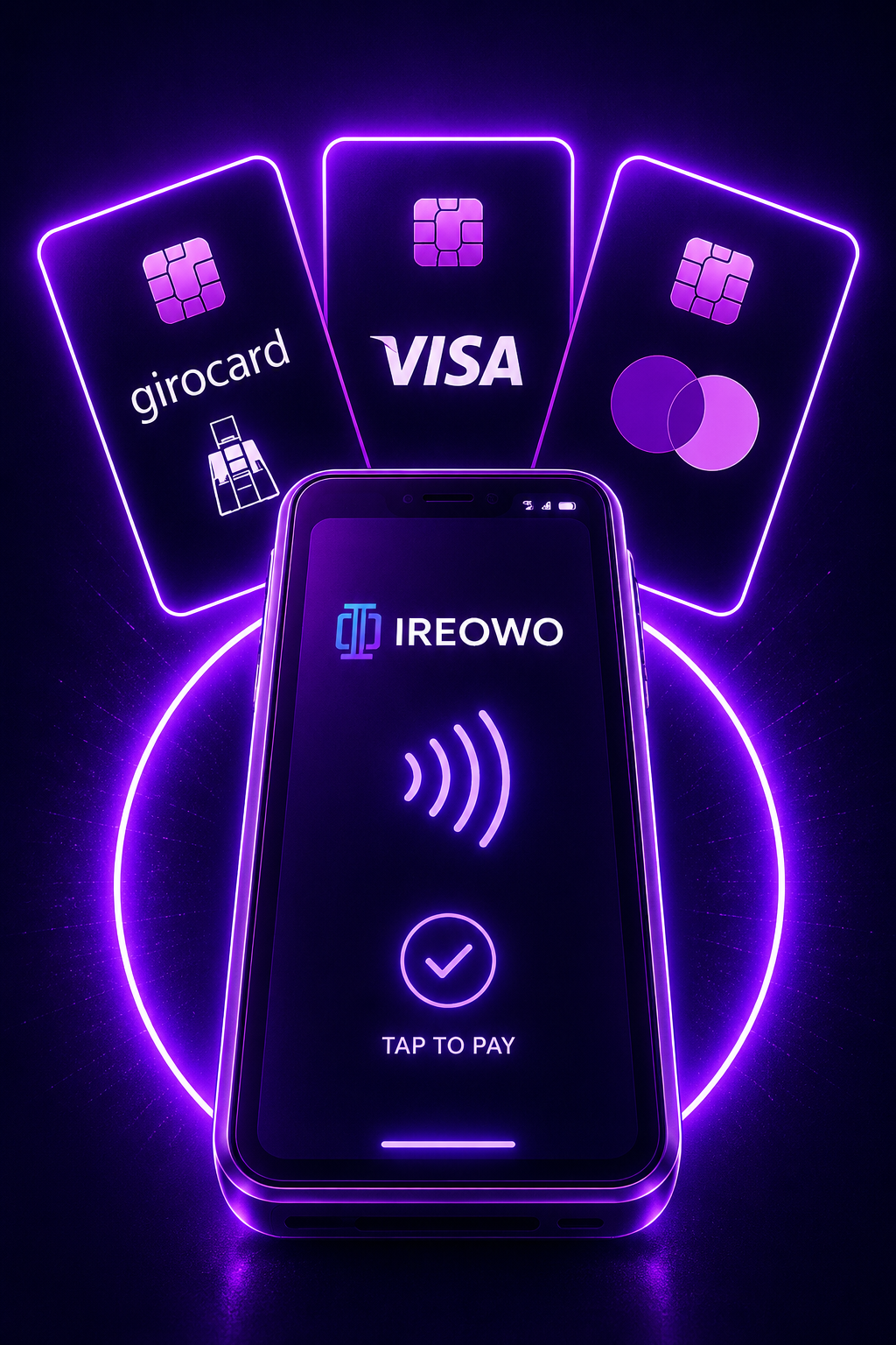 Girocard, Visa and Mastercard cards behind a phone showing the Ireowo tap to pay screen