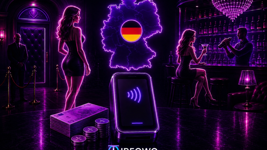 Card terminal and cash on a bar counter inside a nightclub with a Germany map overlay