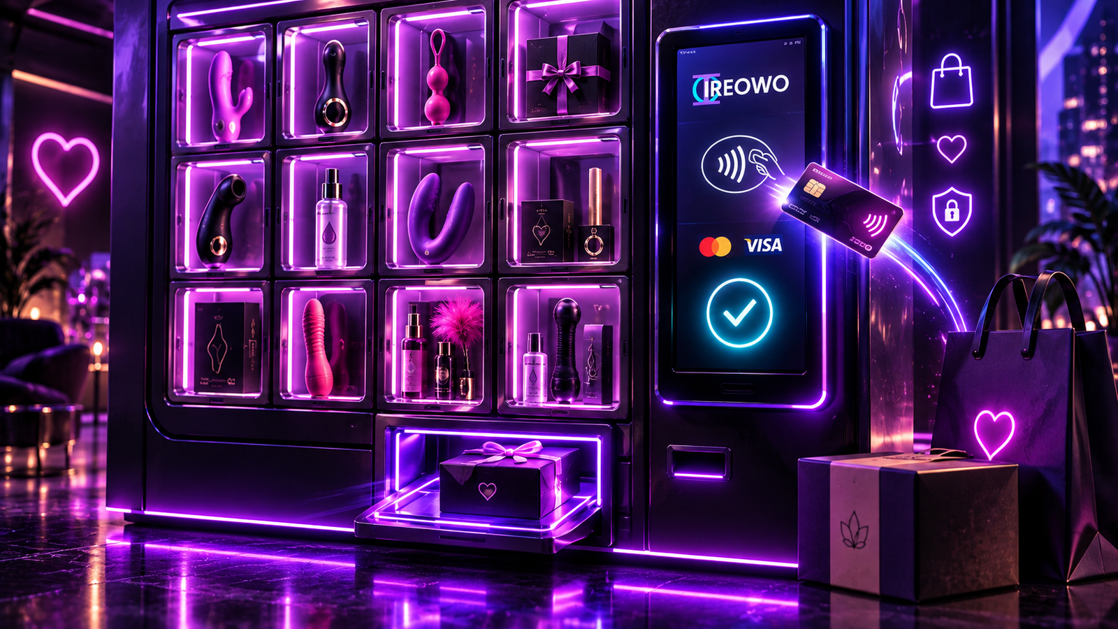Sex shop product display cabinet with Ireowo payment screen approving a Visa and Mastercard transaction