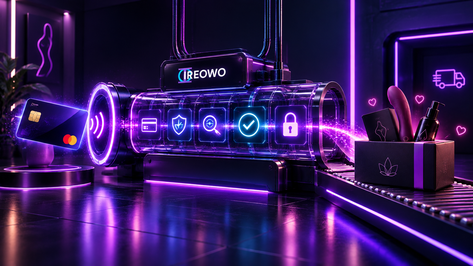 Ireowo secure payment processing pipeline showing fraud screening and approval icons for a sex shop merchant account