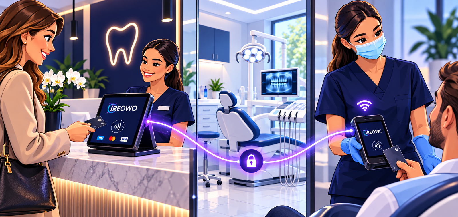 Patient paying by card at a dental reception desk beside a dental assistant using a portable IREOWO terminal chairside