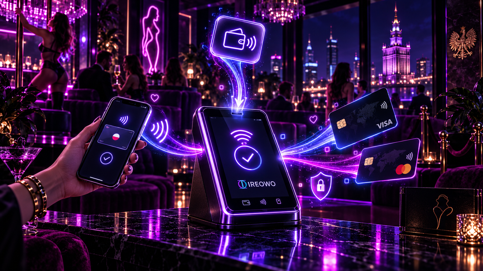 Portable POS terminal being used for a contactless card payment at a VIP table in an adult entertainment venue in Poland