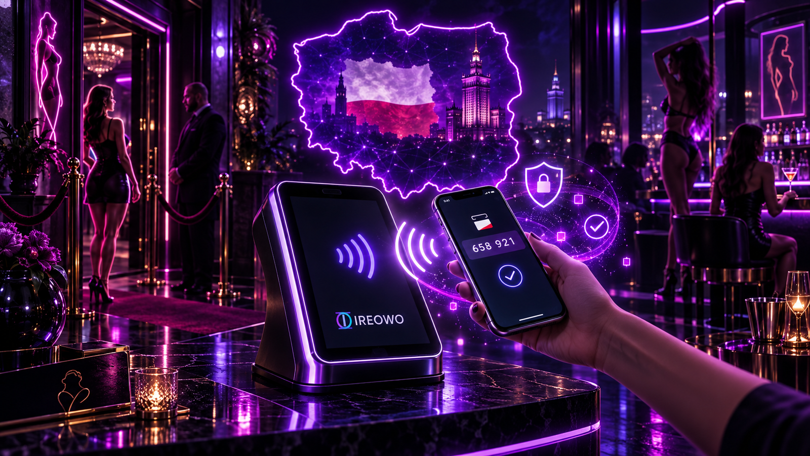 Bartender processing a contactless card payment on a POS terminal at the bar of an adult entertainment venue in Warsaw