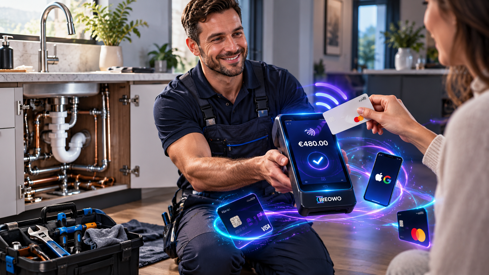 Plumber taking a contactless card payment with an Ireowo card machine in a customer’s kitchen