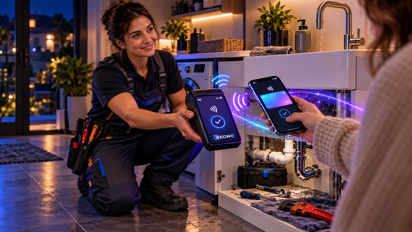 Emergency plumber holding an Ireowo mobile card machine while a customer pays by phone at night