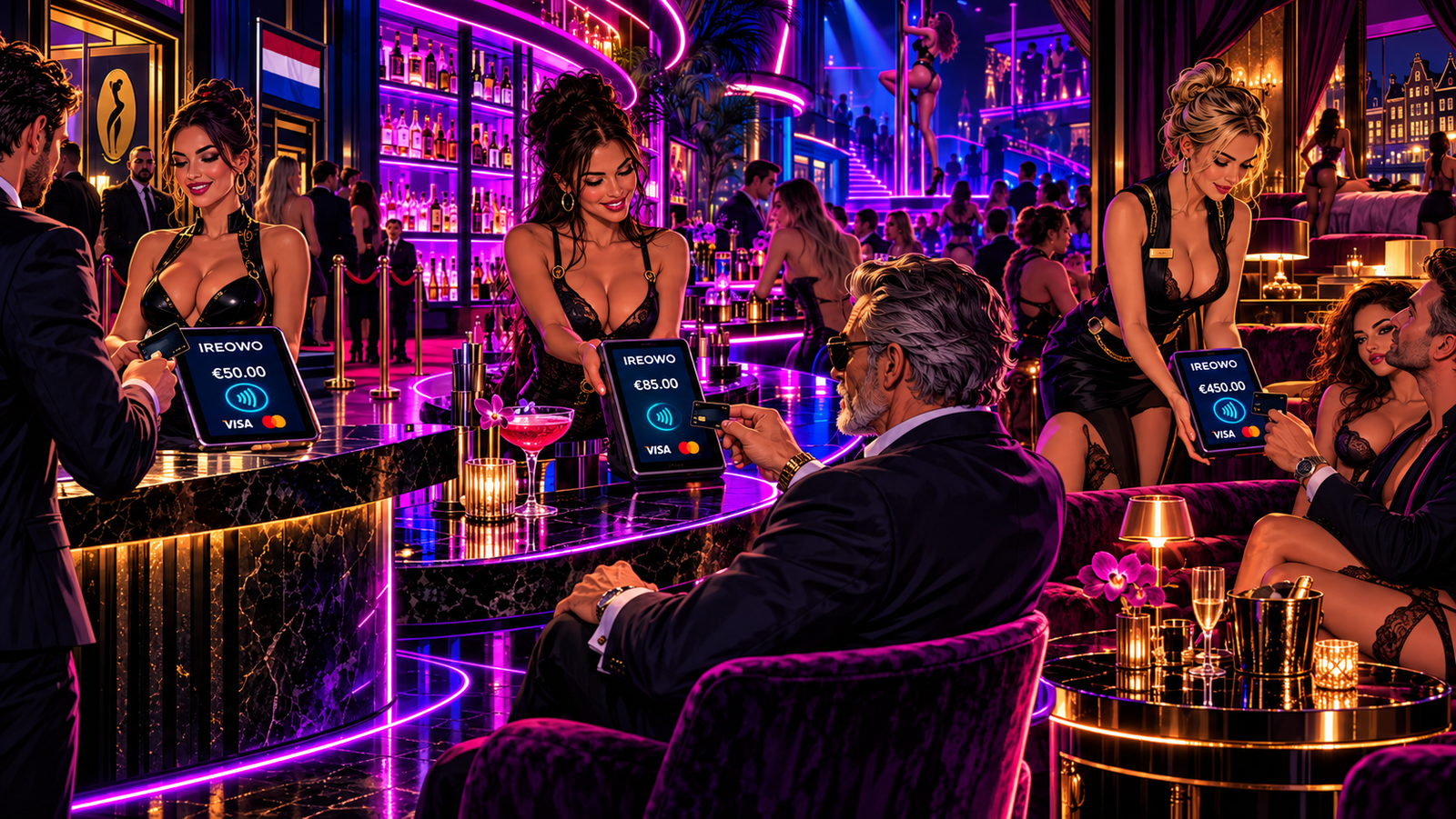 Card terminals at the entrance, bar and VIP table of an adult nightclub in the Netherlands