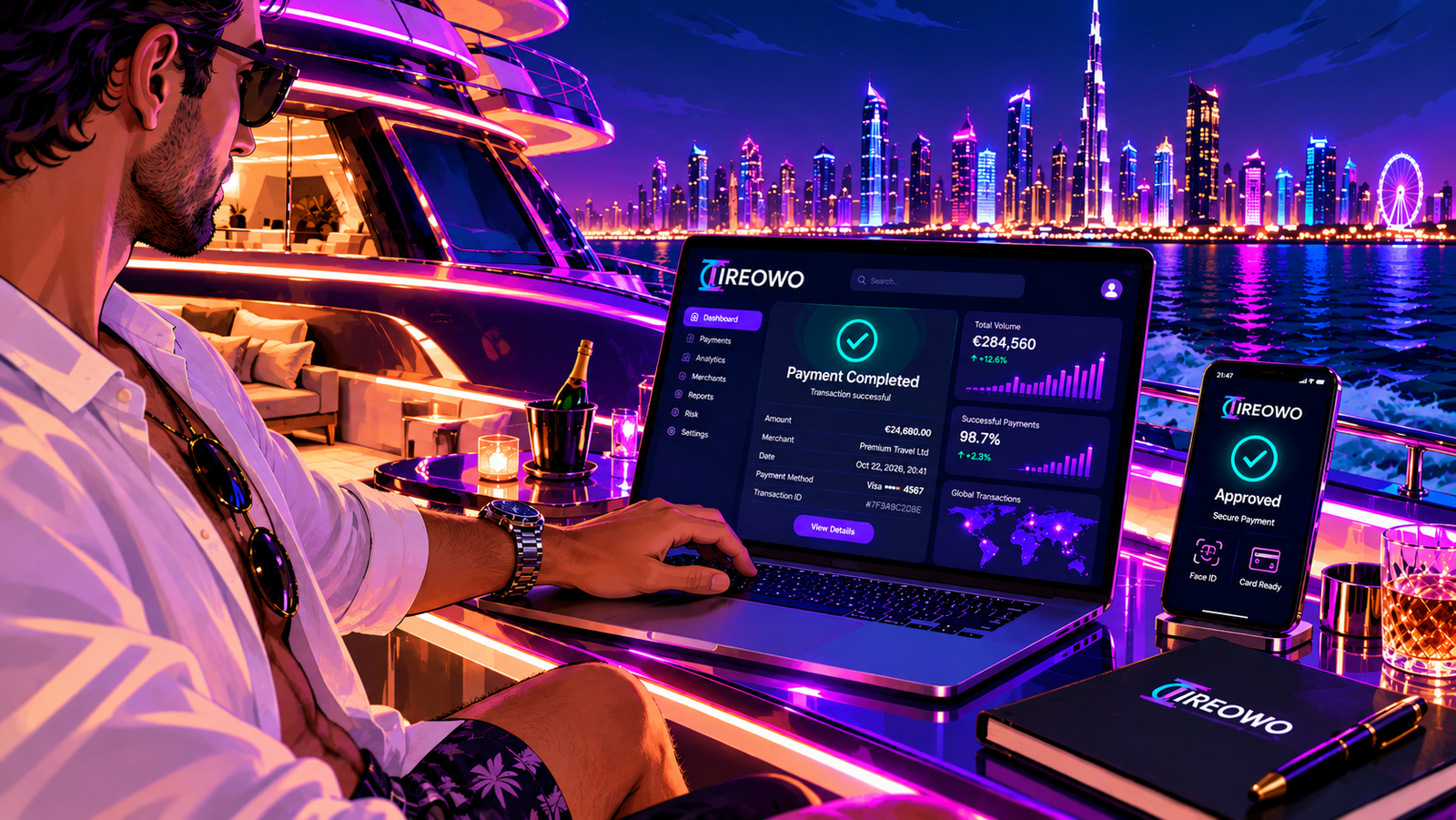 Ireowo payment dashboard showing a completed card payment on a laptop and an approved secure payment on a phone, on a yacht at night