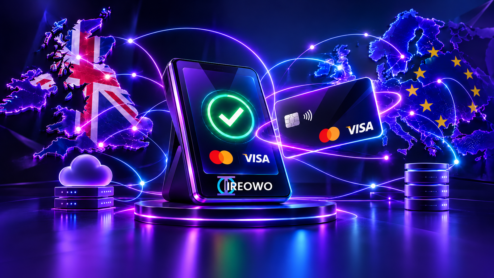Payment terminal confirming a Visa and Mastercard recurring card payment for SaaS in Europe and the UK